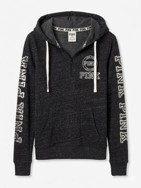 PINK Victoria's Secret Bling Charcoal Quarter -Zip Sequins Hoodie Sweatshirt S